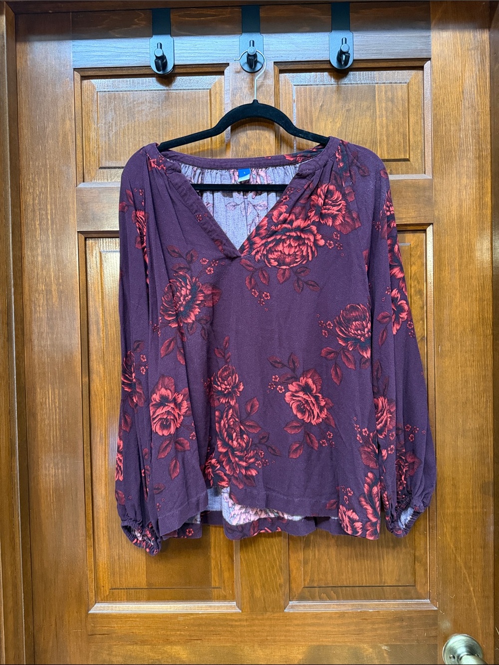 Old Navy Plum Blouse with Red Floral Print